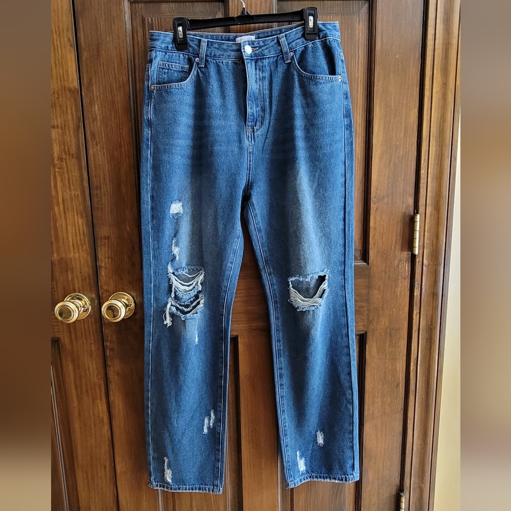 Pink Lily High Rise Distressed Blue Jeans